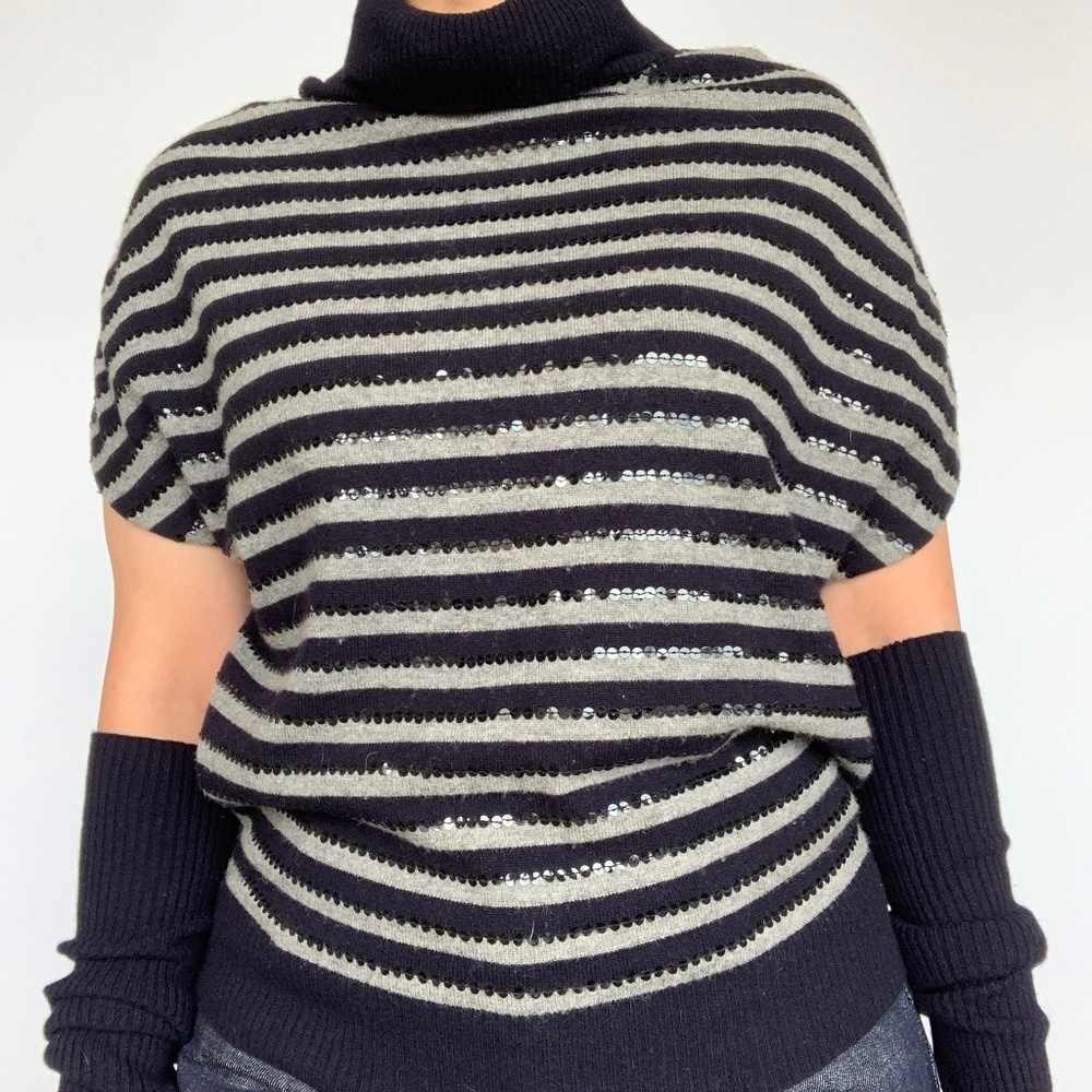 Seventy Cashmere Wool Turtleneck Stripe Sequined Detached Sleeves Sweater